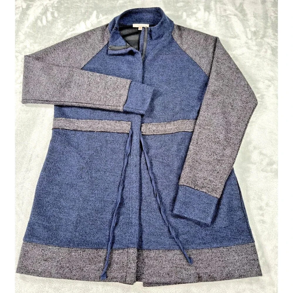 Skies Are Blue Contrast Panel Zip Up Cardigan Jacket Drawstring Blue Grey Medium